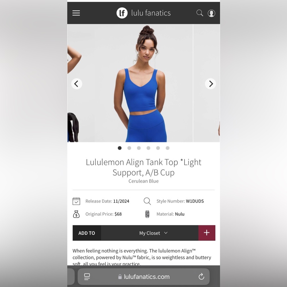 NWT Lululemon Align Tank Top *Light Support, A/B Cup
Cerulean Blue